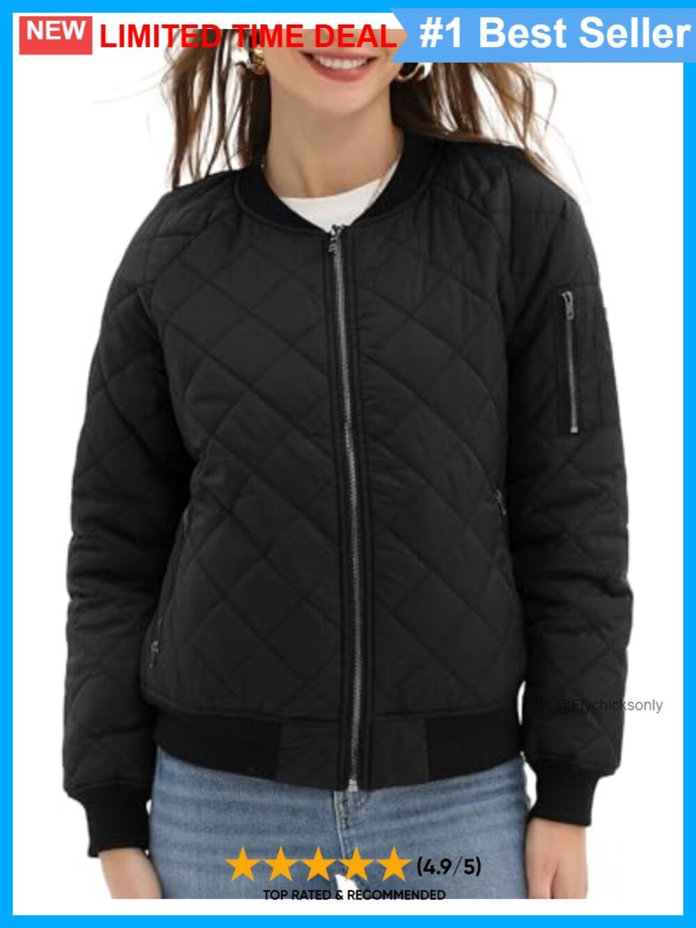 Women's Quilted Lightweight Bomber Jacket 5 Pockets Zip Up Coat